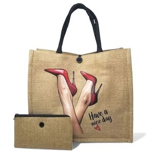 ​Large Natural Jute Burlap Tote / High Heel Graphic Shoulder Bag and Wallet Set